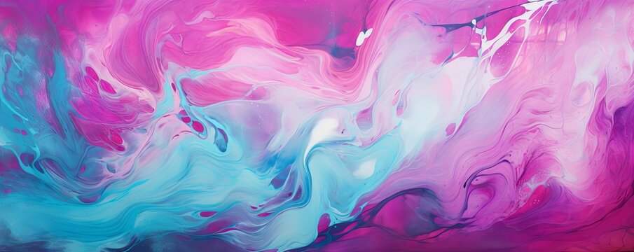 Splashes of bright paint on the canvas. magenta, teal and white colors. Interior painting