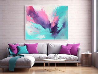 Splashes of bright paint on the canvas. maroon, cyan and white colors. Interior painting