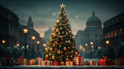 Obraz premium huge Christmas tree with bright lights and presents