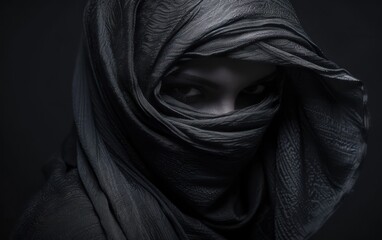 Fototapeta na wymiar abstract dark background concept with black veiled women 
