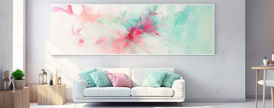 Splashes of bright paint on the canvas. mint, rose and white colors. Interior painting