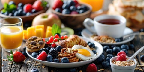 A breakfast table with a plate of food and a glass of orange juice. The plate has a variety of fruits, including strawberries, blueberries, and bananas, as well as a baked good and an egg - obrazy, fototapety, plakaty