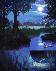 Mysterious moonlit landscape with glowing fish and a strange woman lurking behind a tree.