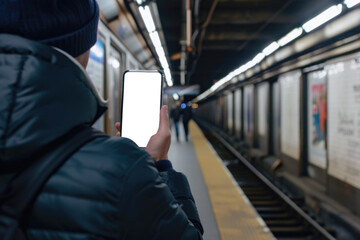 A person is taking a picture of a train station with a white phone. The train station is empty and the person is wearing a black coat