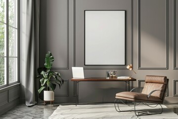 Podium Display Home office concept, picture frame mockup, wall background, Elegant working space, interior design