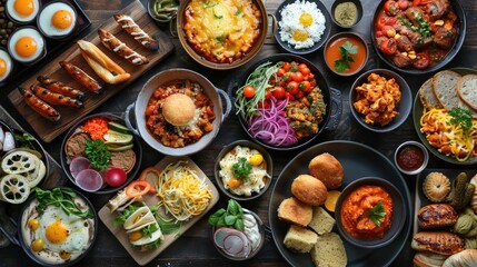 Diverse Selection of Appetizing and Delectable Homemade Dishes Beautifully Arranged on a Wooden Table for a Cozy and Satisfying Mealtime Experience