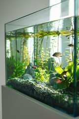 A fish tank with a variety of fish and plants. The tank is clear and well-maintained, creating a peaceful and calming atmosphere