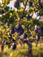A tree with purple fruit hanging from it. The fruit is ripe and ready to be picked. The tree is surrounded by grass and bushes