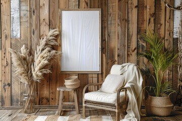 Poster frame mockup in wooden cozy room,