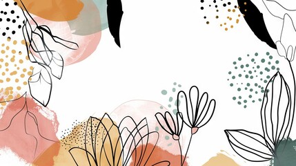 Abstract minimalistic scandinavian botanical art with warm color tones. A delicate composition of floral and foliage elements intertwined with abstract warm colored shapes and subtle brushstrokes