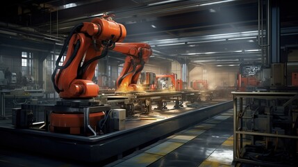 Unmanned automatic production robot working in manufacturing factory