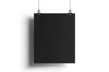 Realistic black hanging blank paper sheet with shadow in A4 format and paper clip, binder on white background. Design poster, template or mockup. Vector illustration.