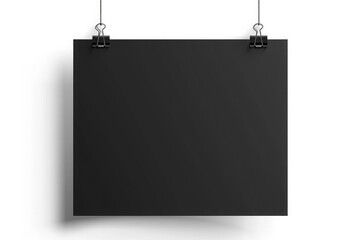 Realistic black hanging blank paper sheet with shadow in A4 format and paper clip, binder on white background. Design poster, template or mockup. Vector illustration.