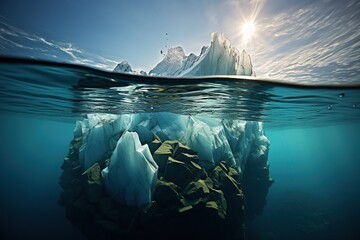 Split View of Iceberg Above and Below Water.  - obrazy, fototapety, plakaty