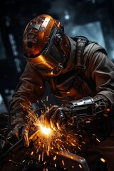 Fototapeta na wymiar A welder is in a factory, actively welding a piece of metal. Sparks are flying as the welder carefully joins the metal together