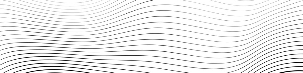 Abstract geometric background with monochrome water surface texture. Striped waves drawn in ink. Vector illustration of diagonal curved lines. Black wavy lines that go from thin to thick