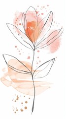 Abstract minimalistic scandinavian botanical art with warm color tones. A delicate composition of floral and foliage elements intertwined with abstract warm colored shapes and subtle brushstrokes