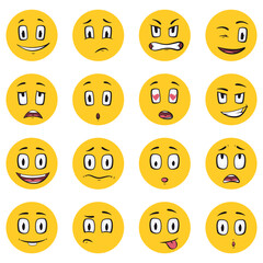 Fototapeta premium Cartoon faces. Funny face expressions, caricature emotions. Cute character with different expressive eyes and mouth, vector smileys emoticons happy tongue emoticon collection