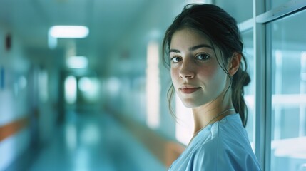 Portrait of young woman doctor at hospital corridor
