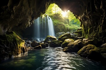 A hidden waterfall emerging from the heart of emerald mountains, glistening under the radiant sunlight