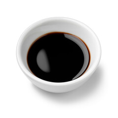 Single white bowl with Balsamic vinegar, aceto balsamico, isolated on white background close up