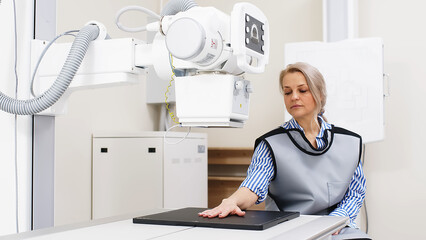 The doctor prepares the patient for an X-ray of the arm. Preparing for radiography. Examination of...
