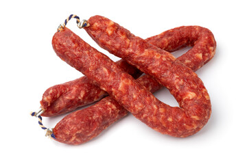 Pair of traditional Dutch Metworst, preserved pork sausage, close up isolated on white background