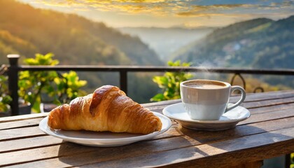 cup of coffee and croissant - obrazy, fototapety, plakaty