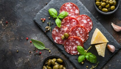 Obraz na płótnie Canvas Hearty salami with spicy parmesan on a dark granite plate