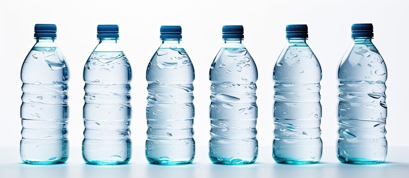 Arranged neatly on a flat surface, five bottled waters are displayed in a row