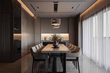 Timeless Elegance: Contemporary Minimalistic Dining Room Interior with Refined Furniture and Balanced Lighting