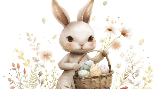 Easter bunny holding basket with Easter eggs in the meadow with spring flowers. Watercolor illustration on white background