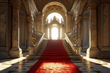 Fototapeta na wymiar Regal Entrance: Red Carpet Leading to Royalty in a Palace Hall