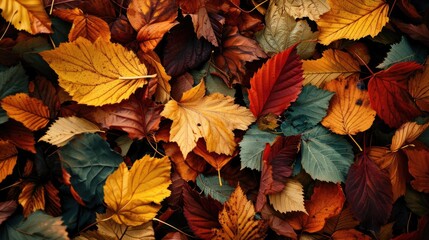 Vibrant Autumn Foliage: Colorful Leaves Carpeting the Forest Floor - obrazy, fototapety, plakaty