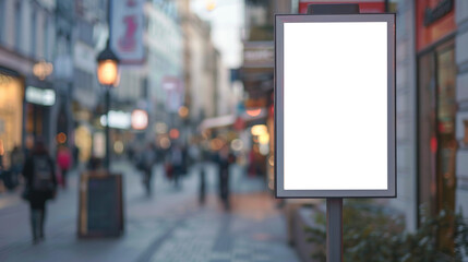 A white billboard is on a city street with people walking by