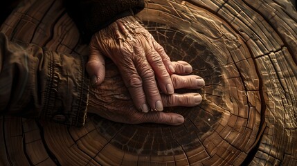 Weathered hands rest on an old tree stump, telling stories of age and work. A portrait of life's hard work captured in a photograph. Rustic, textured, and full of history. AI