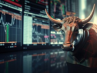 Bull on stock charts: concept of a booming bull market in financial trading - obrazy, fototapety, plakaty