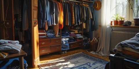 A bedroom with a wooden dresser and a window. The room is filled with clothes and a rug