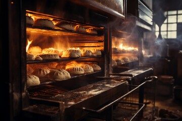 A large industrial oven in a bakery is filled with numerous loaves of bread. The golden-brown loaves are baking to perfection, emitting a warm and inviting aroma throughout the bakery - obrazy, fototapety, plakaty