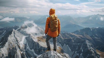 A man in an orange jacket stands on a mountain top with a backpack. Concept of adventure and exploration, as the man is ready to embark on a journey or hike through the mountains
