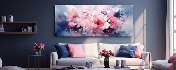 Splashes of bright paint on the canvas. rose, navy blue and white colors. Interior painting