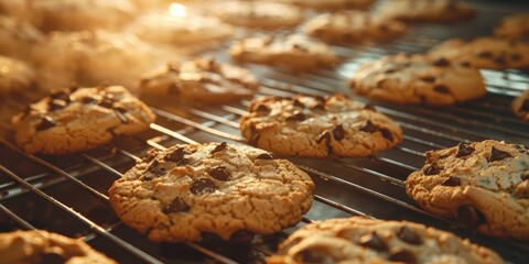 A tray of chocolate chip cookies is baking in an oven. The cookies are golden brown and have a...