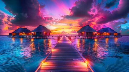 Amazing sunset panorama Maldives. Luxury resort villas pier path seascape soft led lights under colorful sky. Beautiful twilight sky fantastic clouds. Majestic beach background best vacation holiday - obrazy, fototapety, plakaty