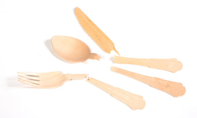 Wooden cutlery knife fork and spoon made of wood timber material, isolated
