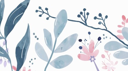Abstract minimalistic scandinavian botanical art with warm color tones. A delicate composition of floral and foliage elements intertwined with abstract warm colored shapes and subtle brushstrokes