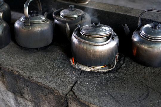 Classic kettle on a wood-burning stove