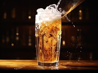Pouring beer into pint glass in slow motion for refreshing bar drink concept