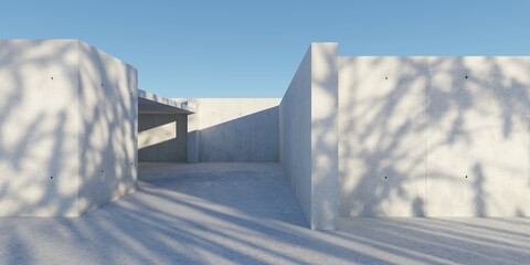 Abstract empty, modern concrete building with large openings, tree shadow and blue sky - industrial background template - 766376396