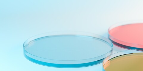 Three petri dishes with different colored gels in laboratory, medical, biology or biotechnology science research concept background with copy space