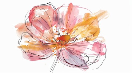 Abstract minimalistic scandinavian botanical art with warm color tones. A delicate composition of floral and foliage elements intertwined with abstract warm colored shapes and subtle brushstrokes